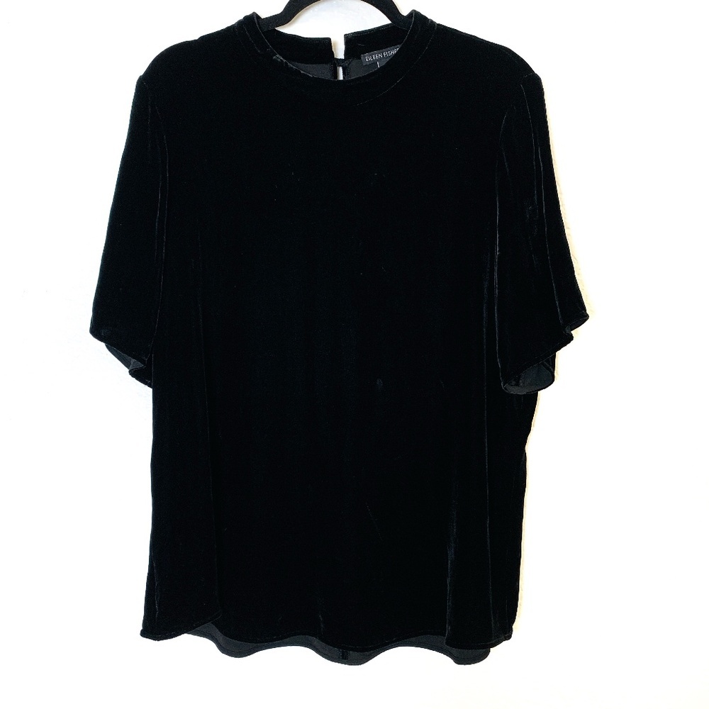 Eileen Fisher Top Black Velvet Large Mock Neck Short Sleeve Silk Blend Dressy